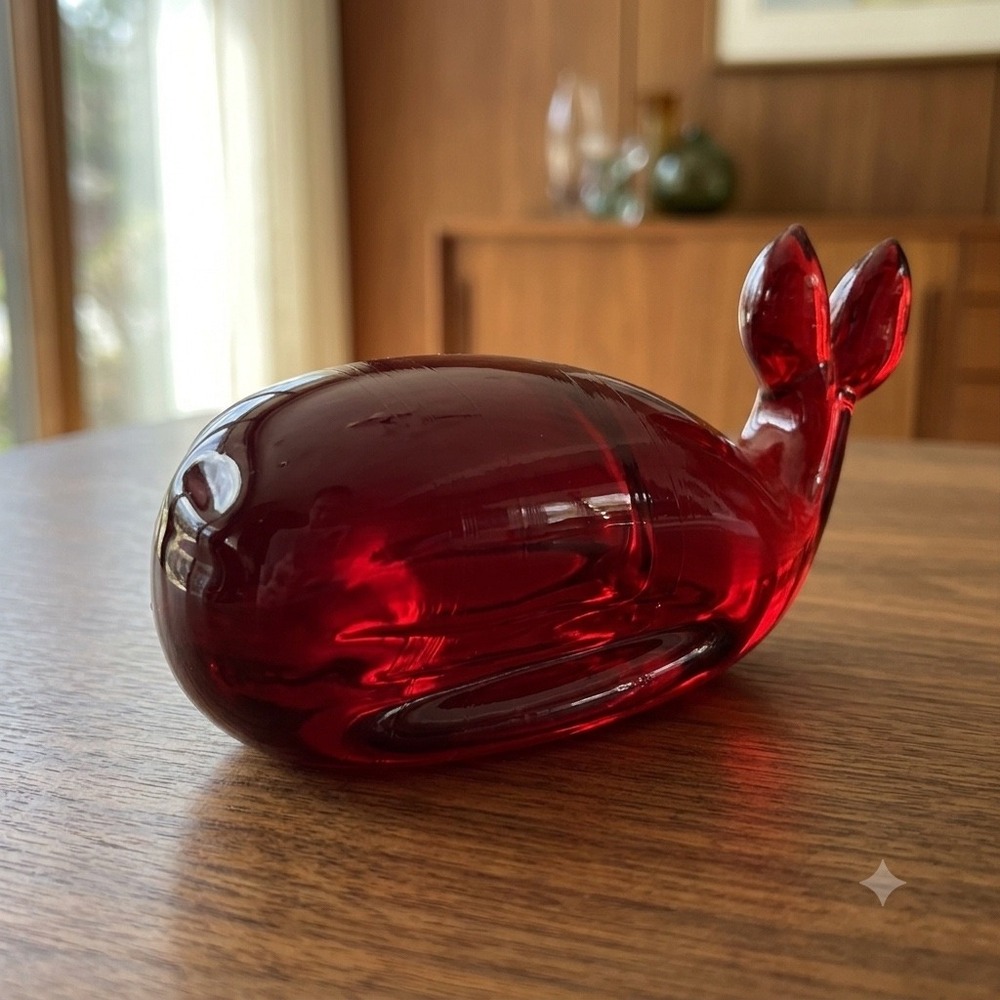Vintage Viking Glass 7274 Ruby Red Whale Figurine Paperweight Mid Century 5"